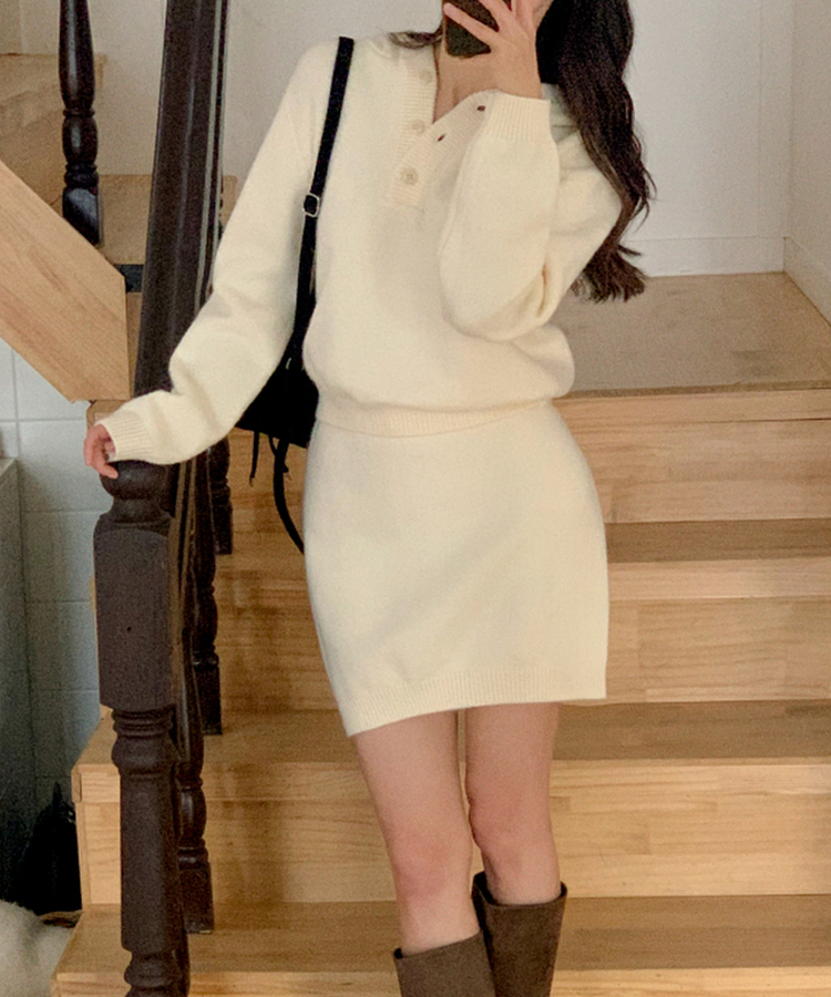 (フードニット＋スカート／華奢見えセット)   フードニット バンディング ミニスカート ツーピースセット