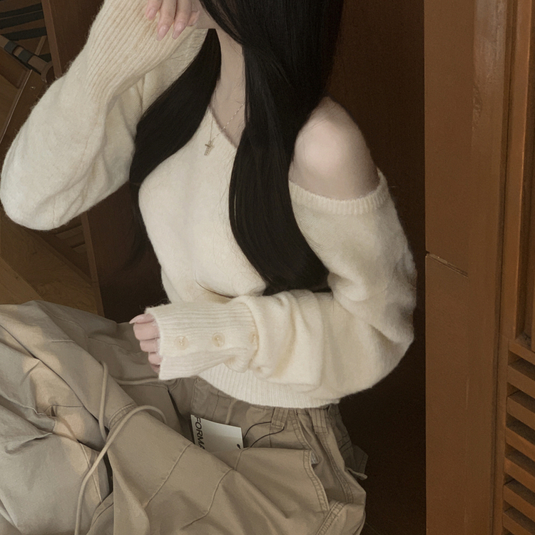 ワンオフボタン袖ウォーマーニット LIGHT BEIGE