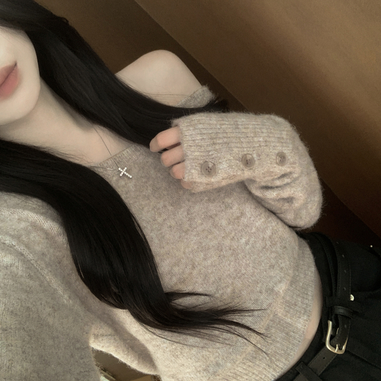 ワンオフボタン袖ウォーマーニット LIGHT BROWN