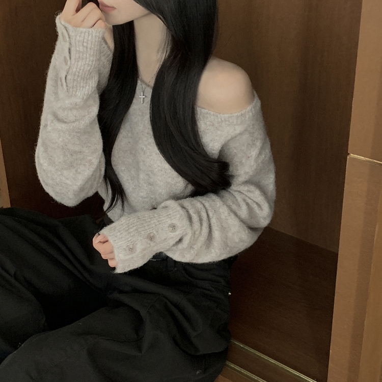 ワンオフボタン袖ウォーマーニット GREY