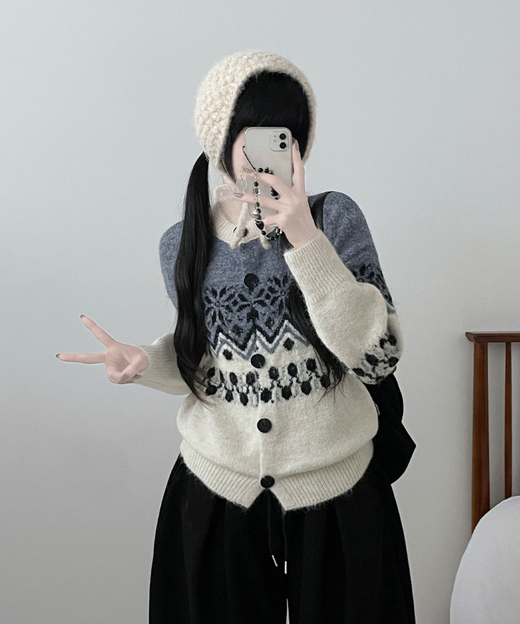 트리눈꽃노르딕패턴라운드울니트가디건