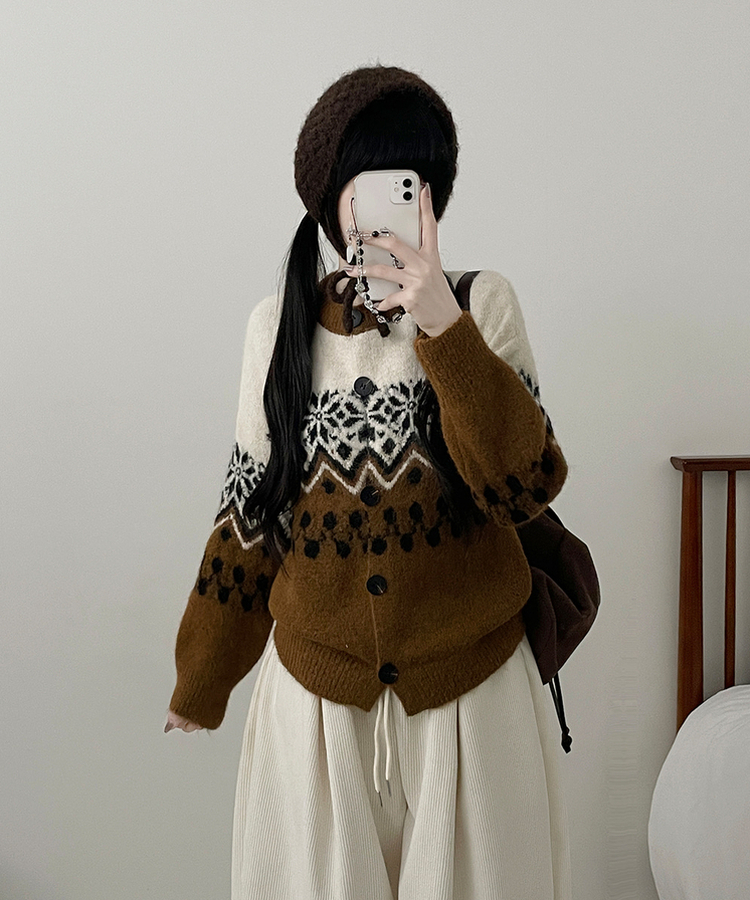 트리눈꽃노르딕패턴라운드울니트가디건