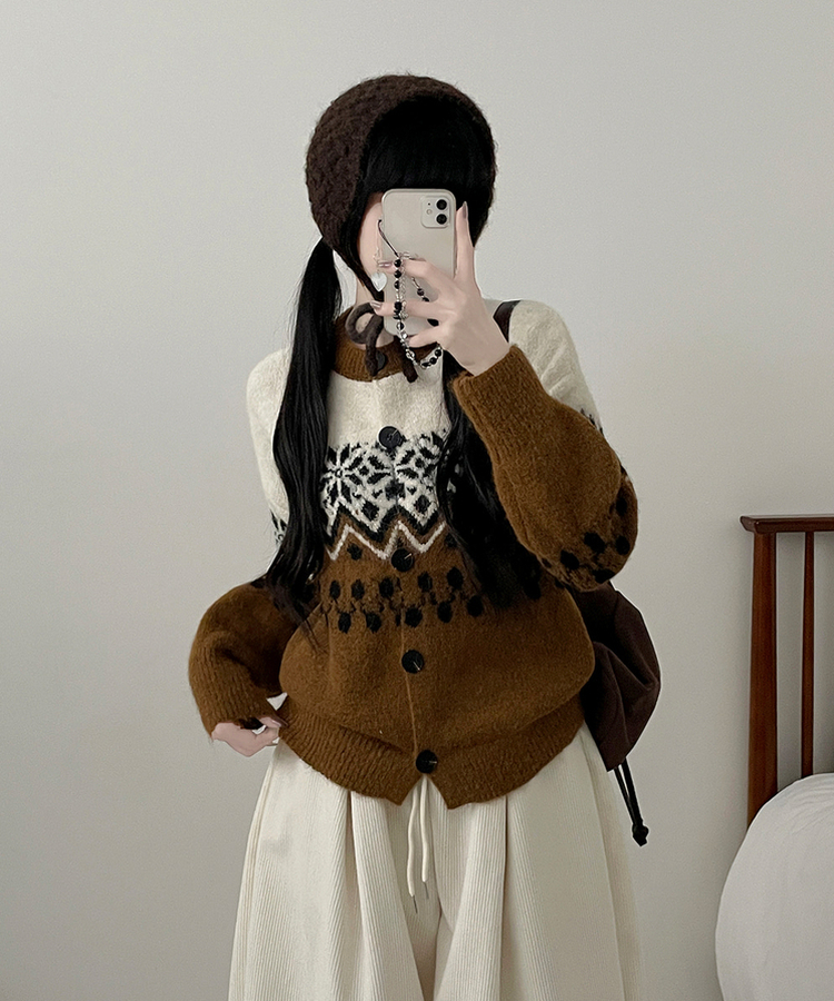 트리눈꽃노르딕패턴라운드울니트가디건