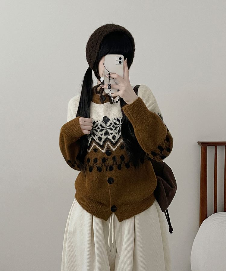 트리눈꽃노르딕패턴라운드울니트가디건