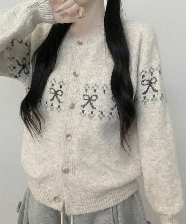 포이리본패턴라운드니트가디건