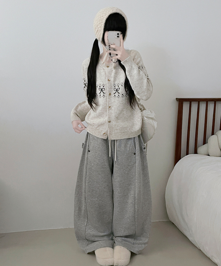 포이리본패턴라운드니트가디건