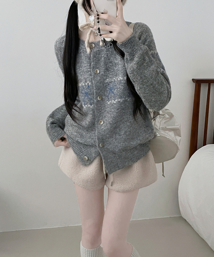 포이리본패턴라운드니트가디건