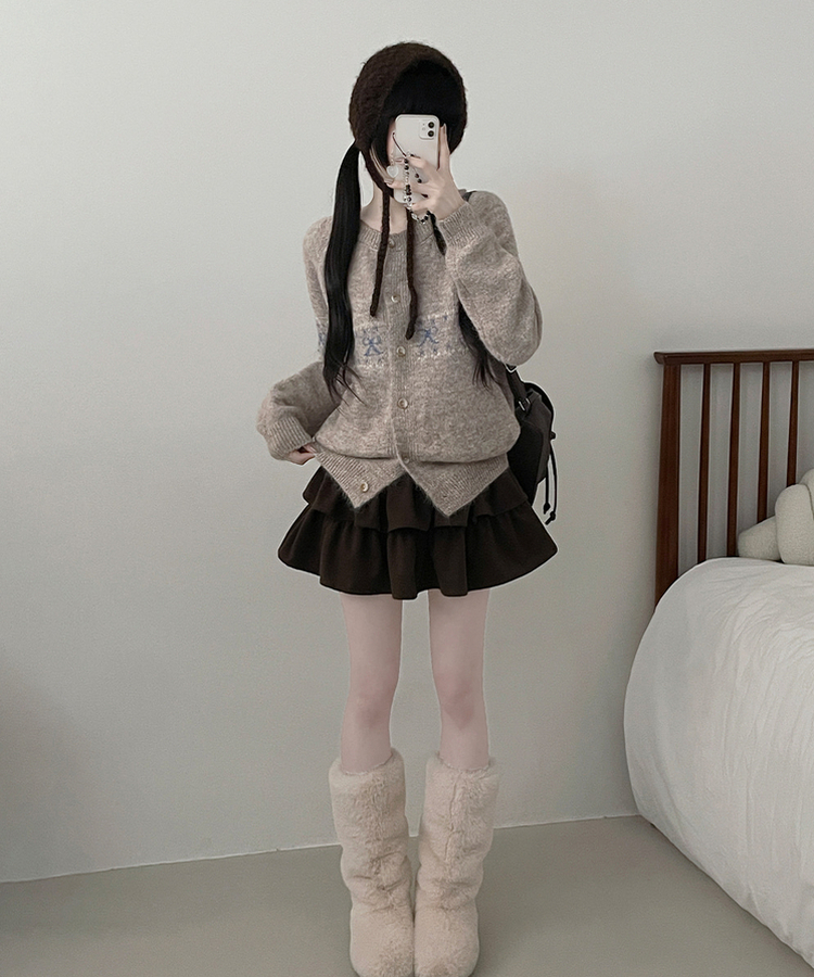 포이리본패턴라운드니트가디건