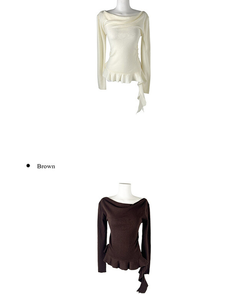 オフショルダーアンバランスシャーリングフリルニット