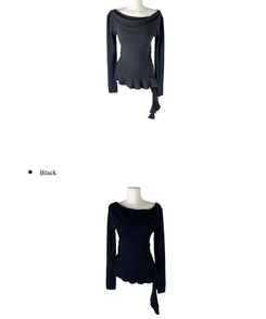 オフショルダーアンバランスシャーリングフリルニット