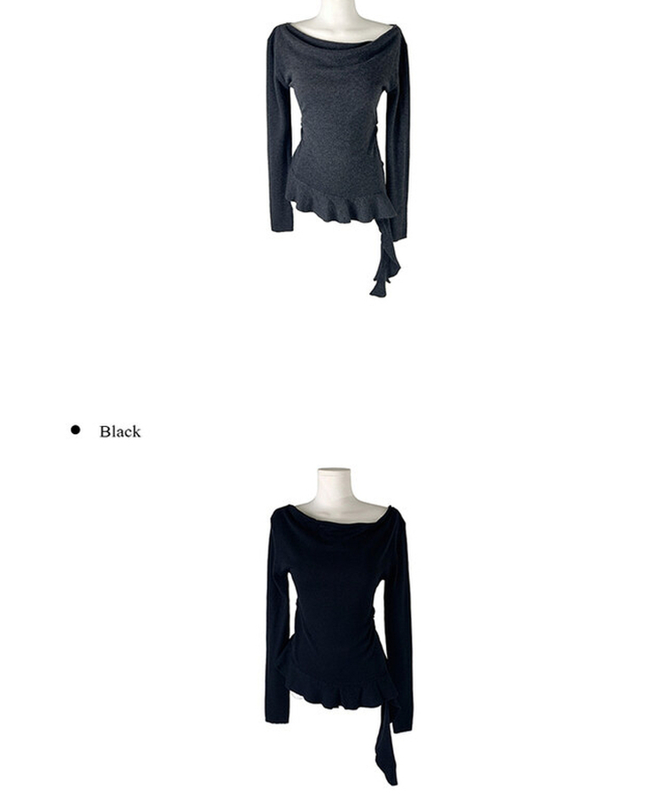 オフショルダーアンバランスシャーリングフリルニット