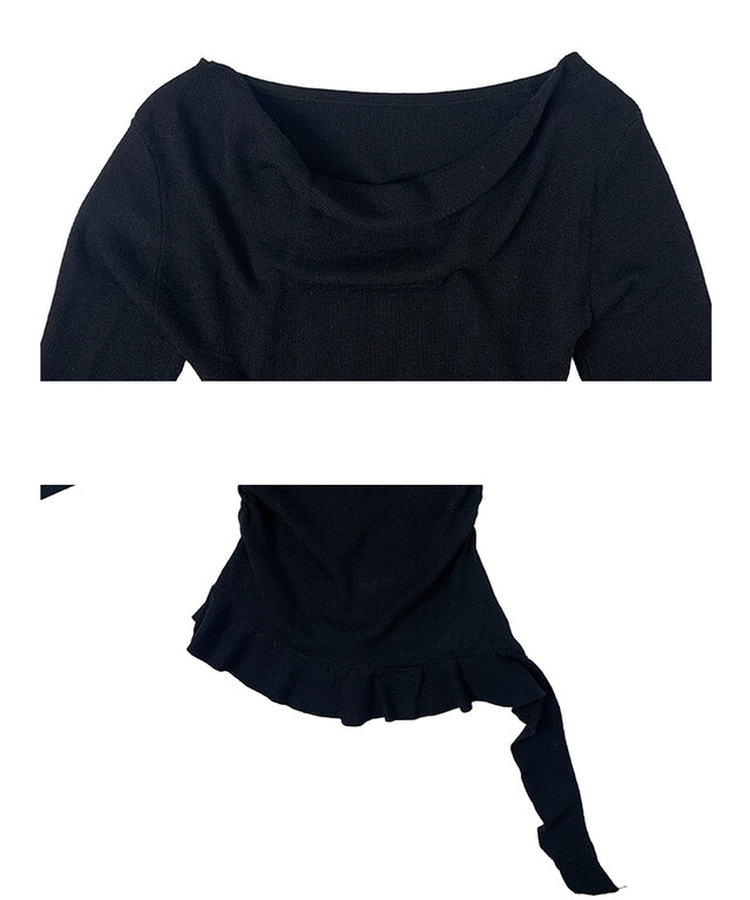 オフショルダーアンバランスシャーリングフリルニット