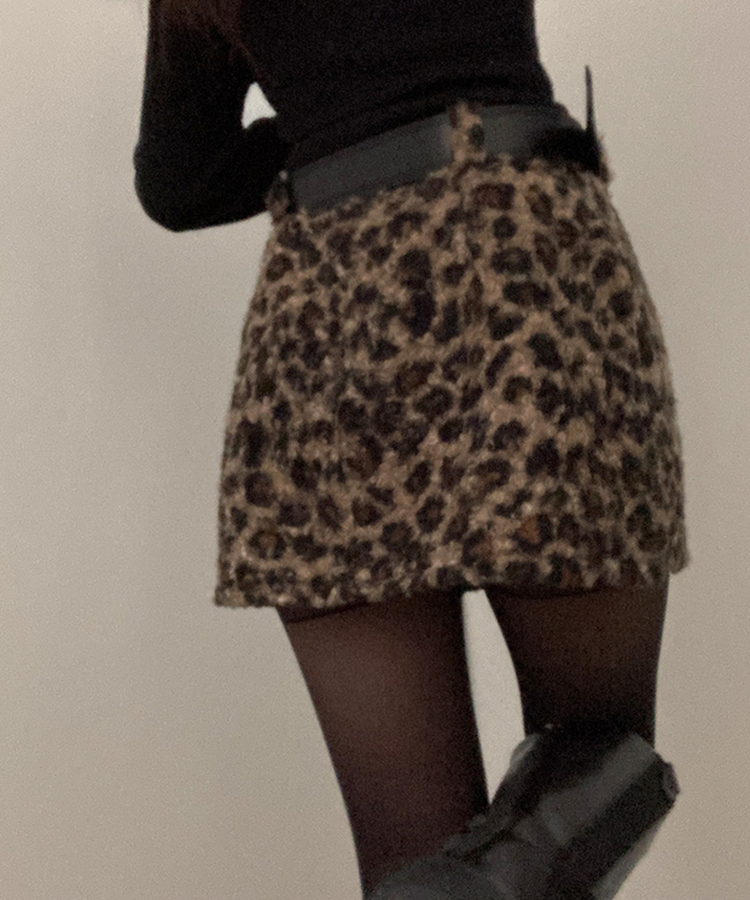 키치 레오파드 뽀글이 호피 미니 스커트 브라운
