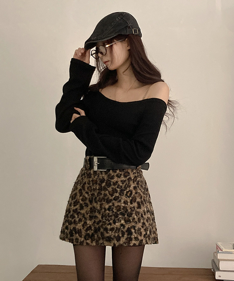 키치 레오파드 뽀글이 호피 미니 스커트 브라운