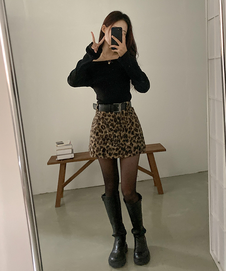 키치 레오파드 뽀글이 호피 미니 스커트 브라운