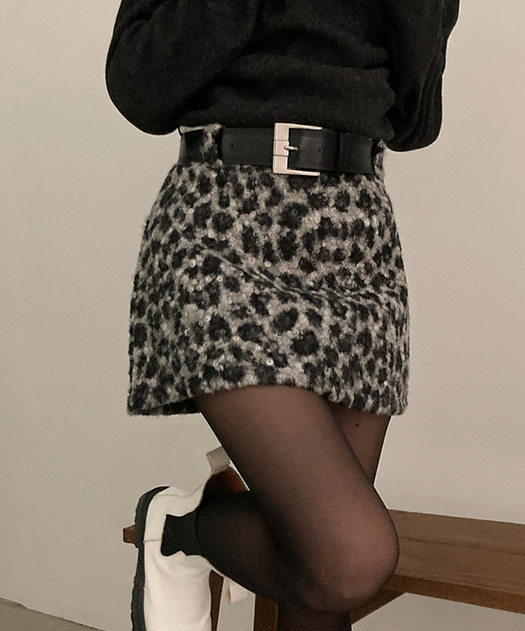 키치 레오파드 뽀글이 호피 미니 스커트 블랙