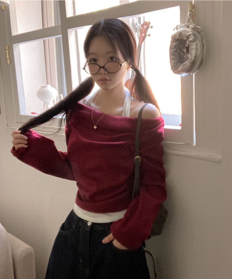 베리핏 포근 기모 홀터 레이어드 셔링 드레이프 티셔츠 와인