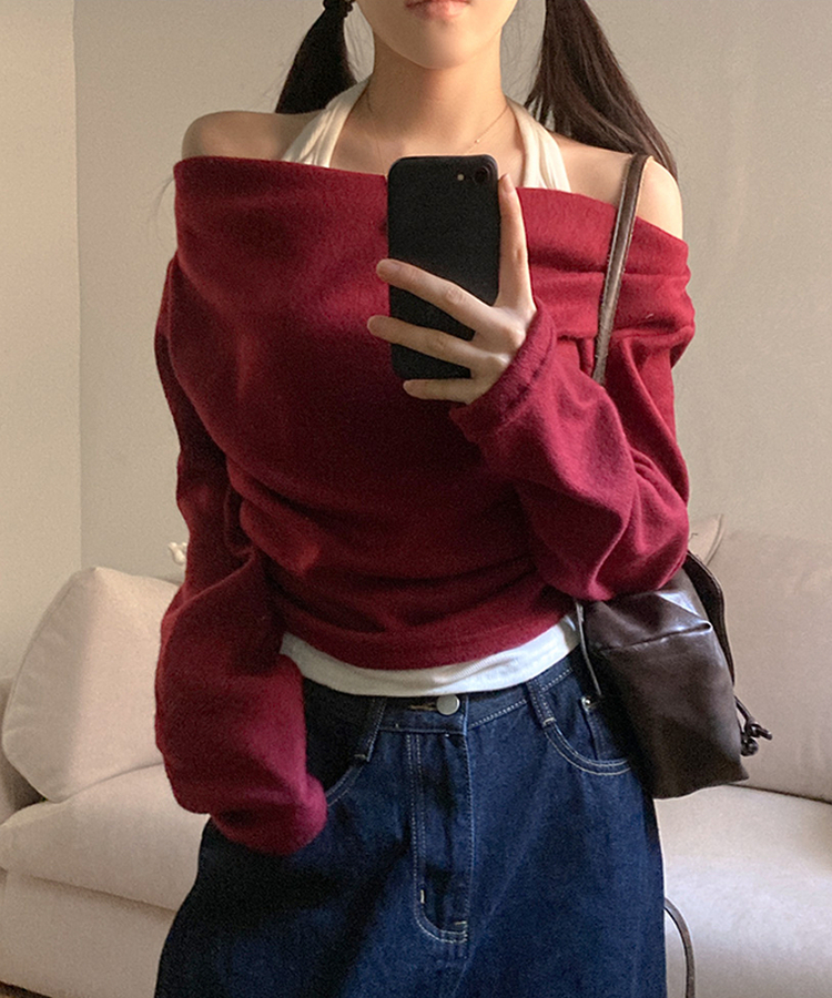 베리핏 포근 기모 홀터 레이어드 셔링 드레이프 티셔츠 와인