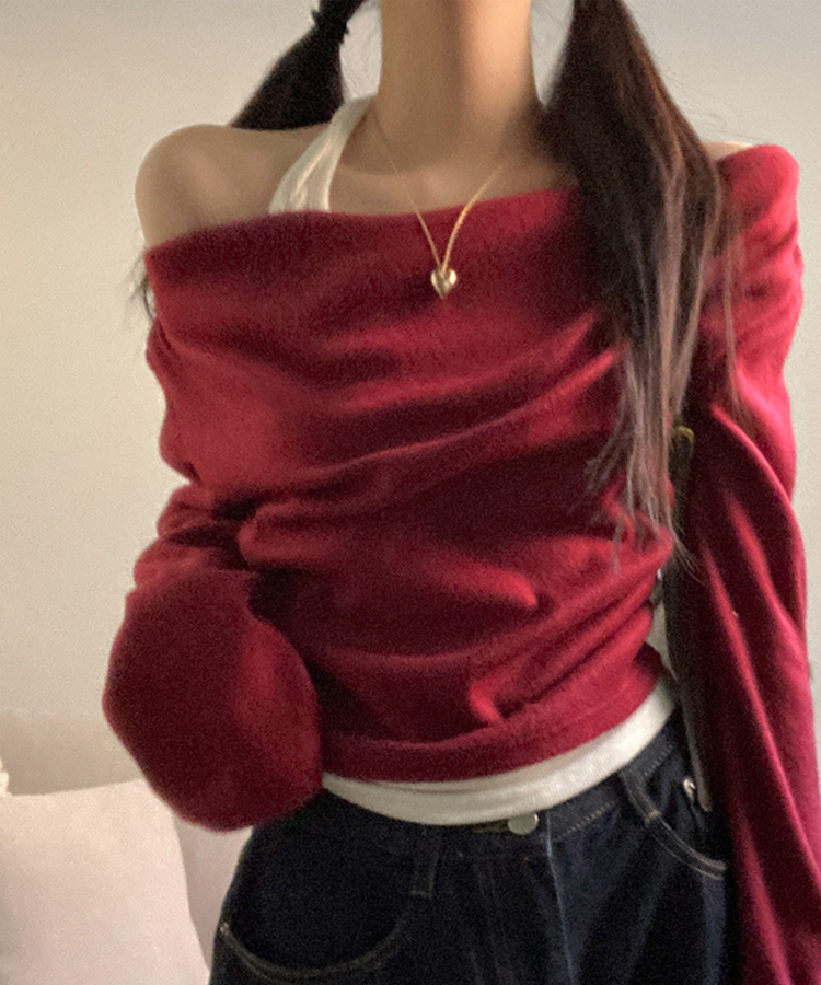 베리핏 포근 기모 홀터 레이어드 셔링 드레이프 티셔츠 와인