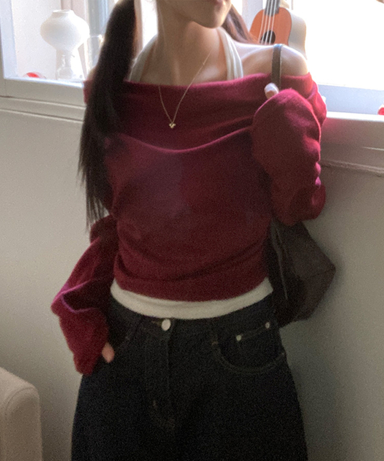 베리핏 포근 기모 홀터 레이어드 셔링 드레이프 티셔츠 와인