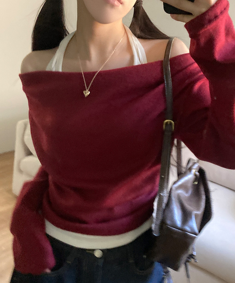 베리핏 포근 기모 홀터 레이어드 셔링 드레이프 티셔츠 와인