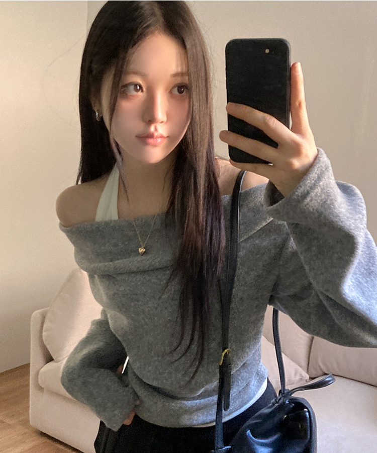 베리핏 포근 기모 홀터 레이어드 셔링 드레이프 티셔츠 그레이