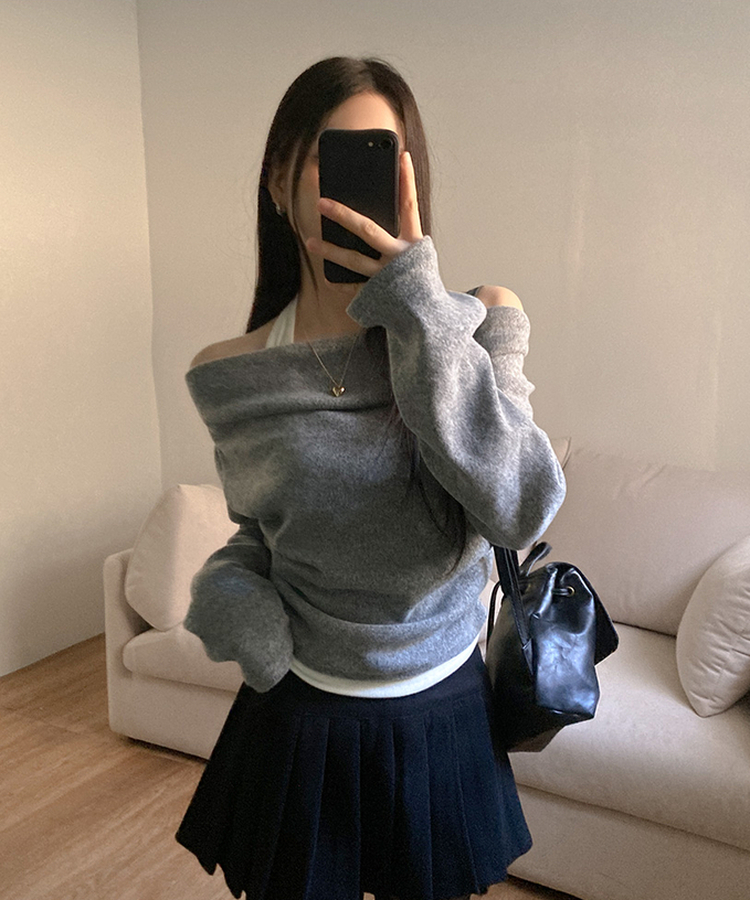 베리핏 포근 기모 홀터 레이어드 셔링 드레이프 티셔츠 그레이