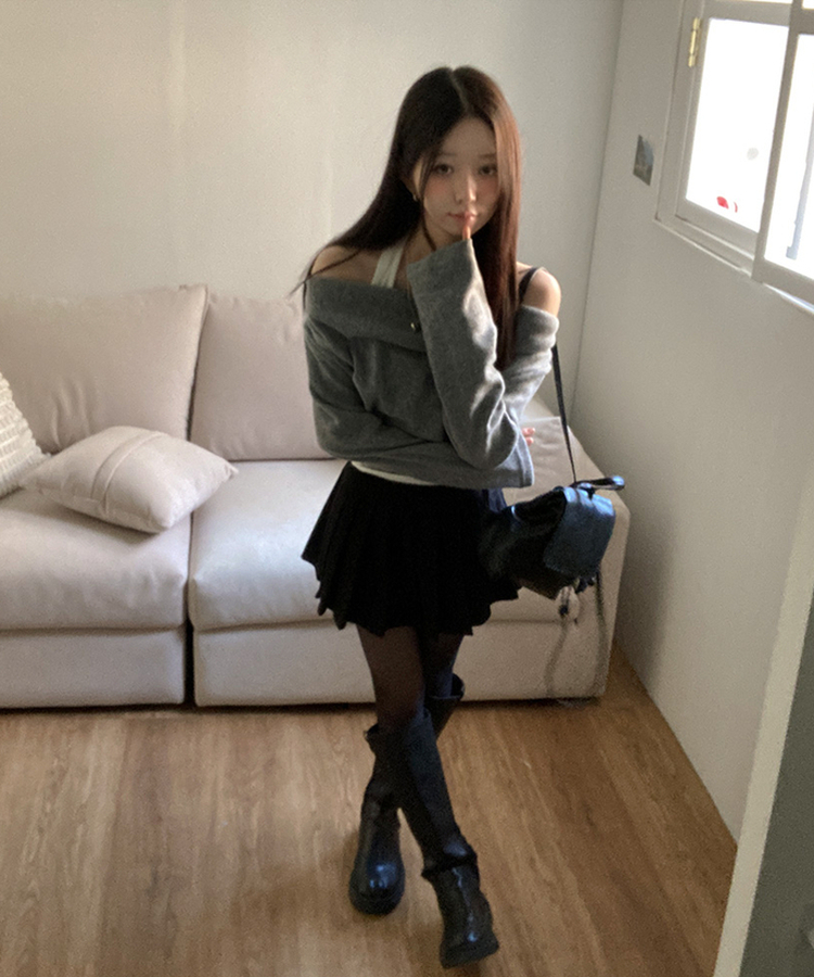 베리핏 포근 기모 홀터 레이어드 셔링 드레이프 티셔츠 그레이