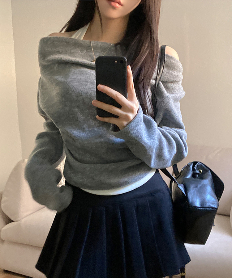 베리핏 포근 기모 홀터 레이어드 셔링 드레이프 티셔츠 그레이