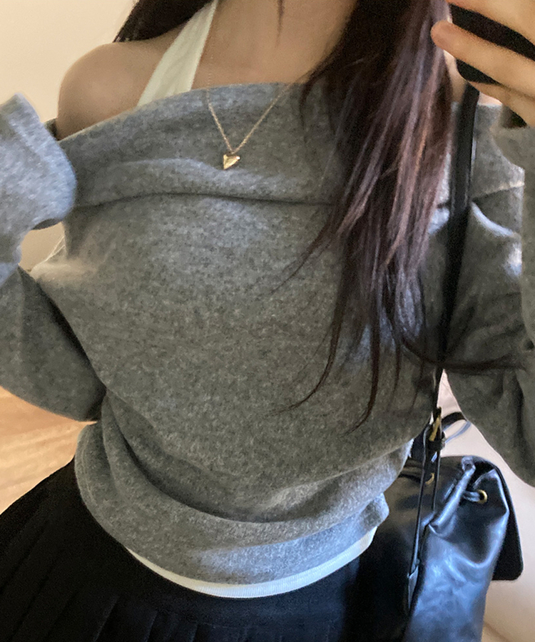 베리핏 포근 기모 홀터 레이어드 셔링 드레이프 티셔츠 그레이