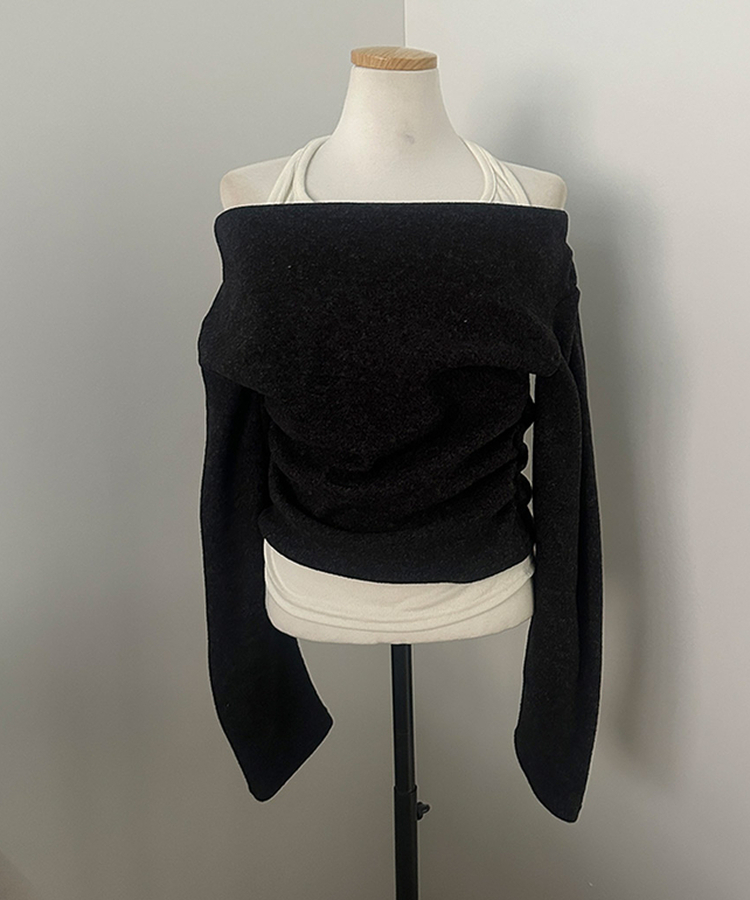 베리핏 포근 기모 홀터 레이어드 셔링 드레이프 티셔츠