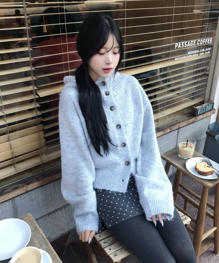 마벨 골지 후드 니트 가디건 회소라