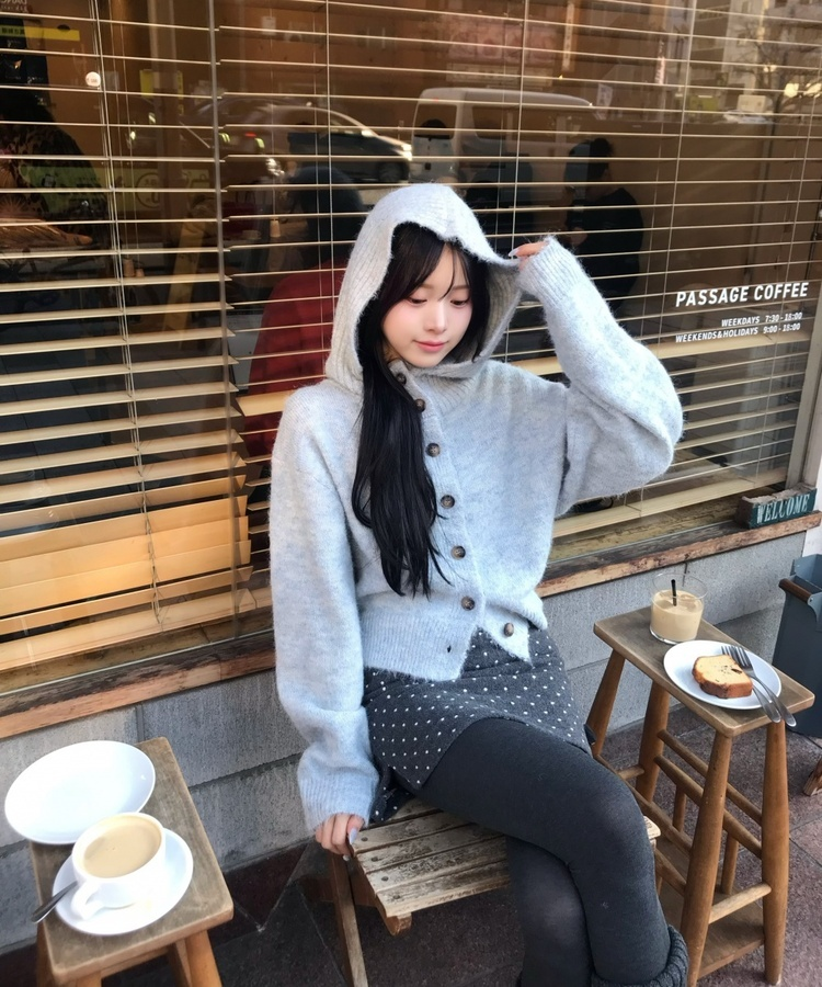 마벨 골지 후드 니트 가디건 회소라