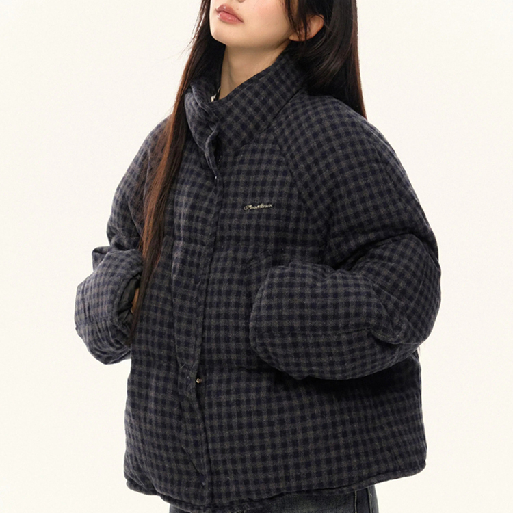 네모 체크 숏 패딩