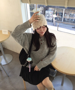 플라워 니트 비니 베이지