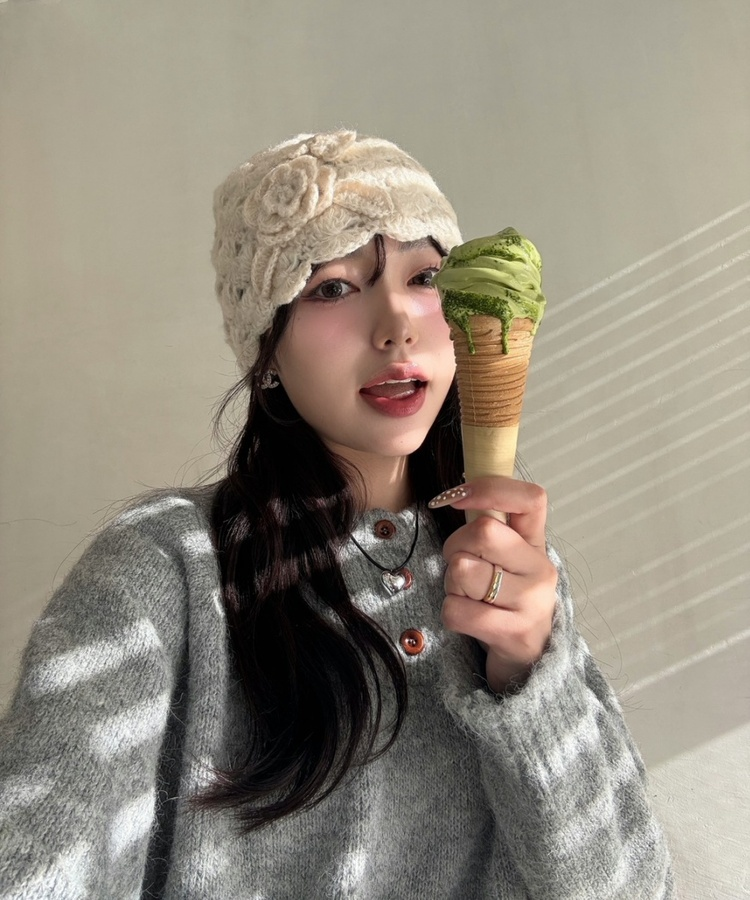 플라워 니트 비니 베이지