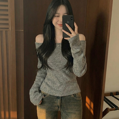 손등덮는 여리핏 오프숄더 겨울 기모 슬림핏 긴팔티셔츠 크리스마스룩 파티룩 그레이
