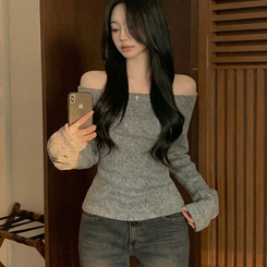 손등덮는 여리핏 오프숄더 겨울 기모 슬림핏 긴팔티셔츠 크리스마스룩 파티룩 그레이