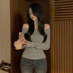 손등덮는 여리핏 오프숄더 겨울 기모 슬림핏 긴팔티셔츠 크리스마스룩 파티룩 그레이