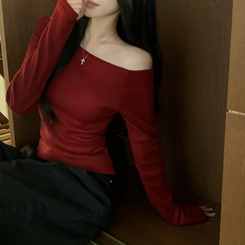 손등덮는 여리핏 오프숄더 겨울 기모 슬림핏 긴팔티셔츠 크리스마스룩 파티룩 와인