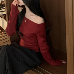 손등덮는 여리핏 오프숄더 겨울 기모 슬림핏 긴팔티셔츠 크리스마스룩 파티룩 와인