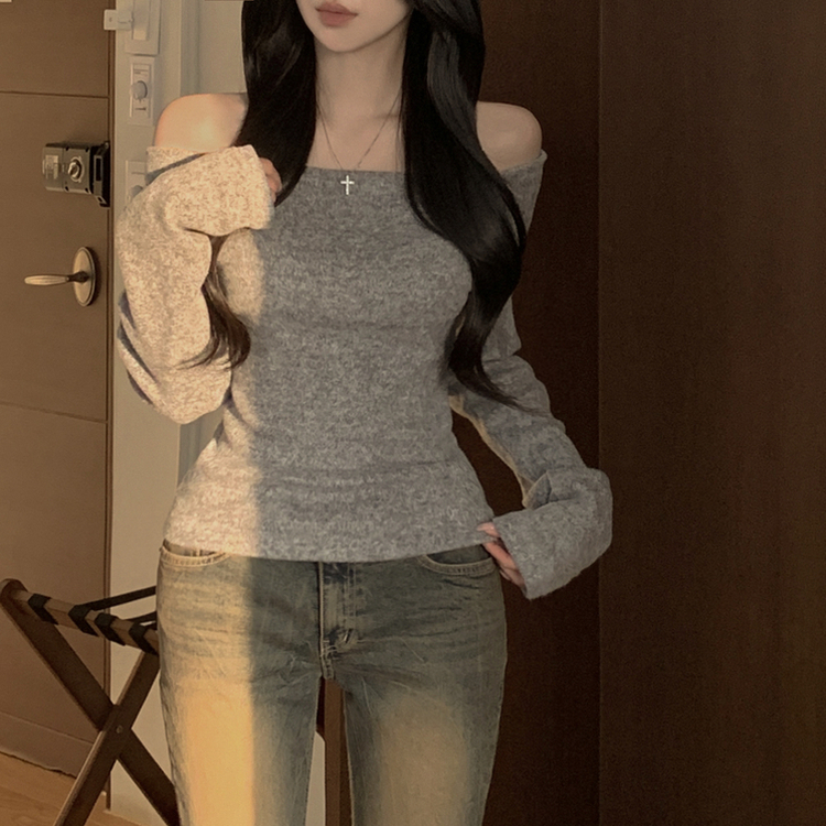 손등덮는 여리핏 오프숄더 겨울 기모 슬림핏 긴팔티셔츠 크리스마스룩 파티룩 그레이