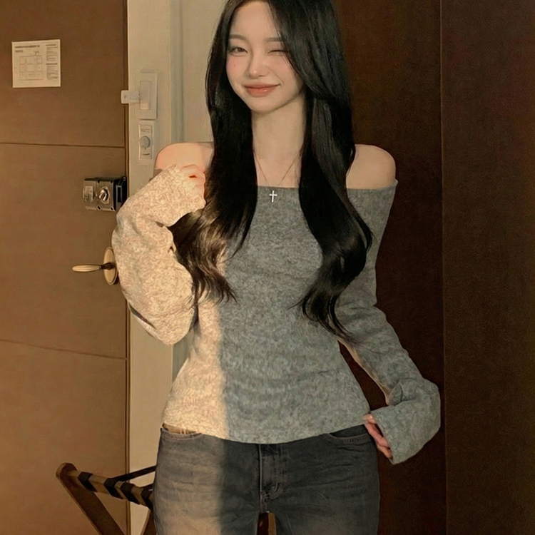 손등덮는 여리핏 오프숄더 겨울 기모 슬림핏 긴팔티셔츠 크리스마스룩 파티룩 그레이