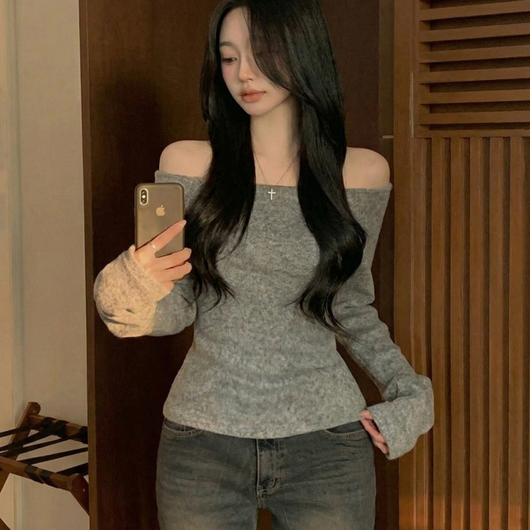 손등덮는 여리핏 오프숄더 겨울 기모 슬림핏 긴팔티셔츠 크리스마스룩 파티룩 그레이