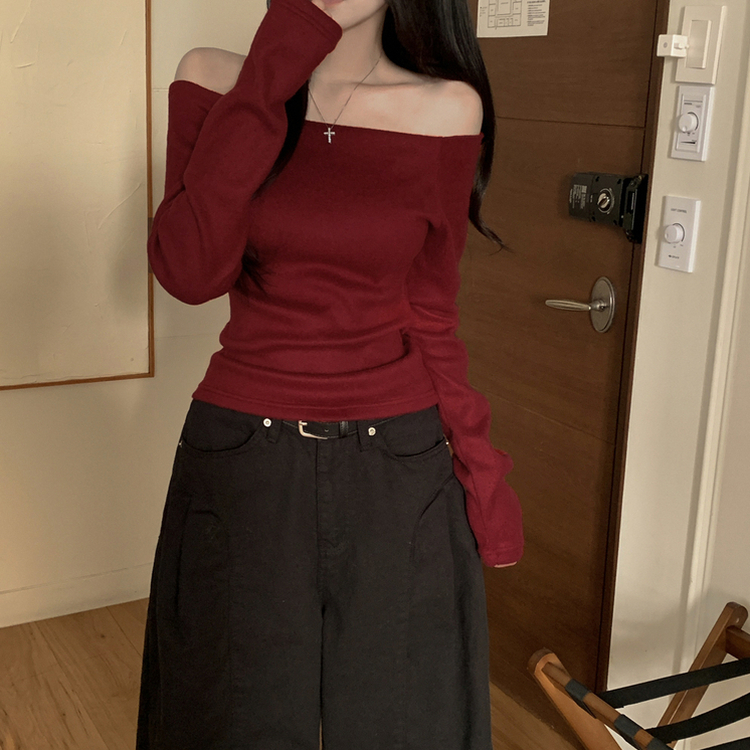 손등덮는 여리핏 오프숄더 겨울 기모 슬림핏 긴팔티셔츠 크리스마스룩 파티룩 와인