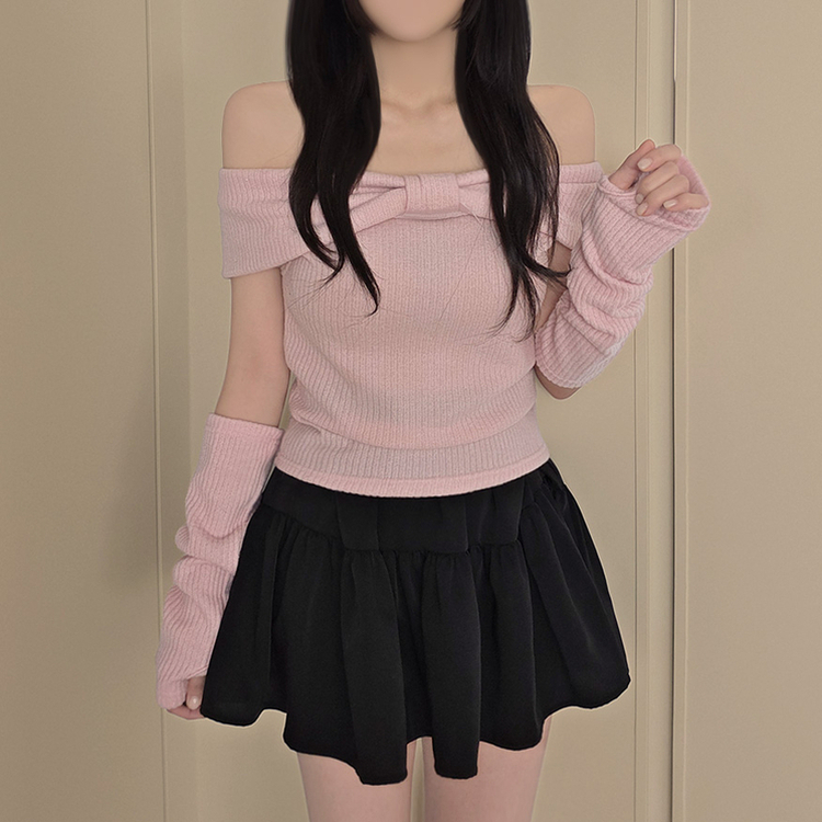 【ウォーマー付き】リボンオフショルダー半袖Tシャツ PINK