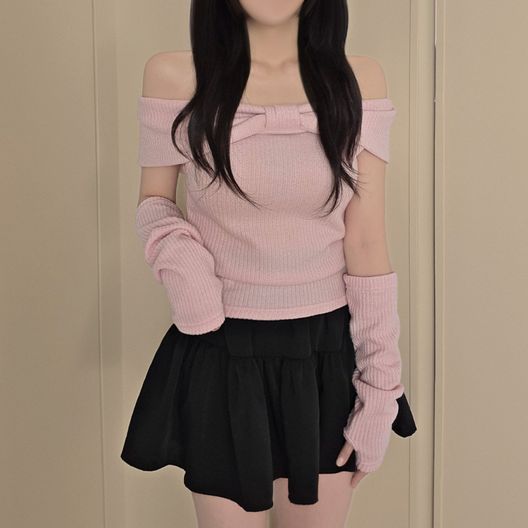 【ウォーマー付き】リボンオフショルダー半袖Tシャツ PINK