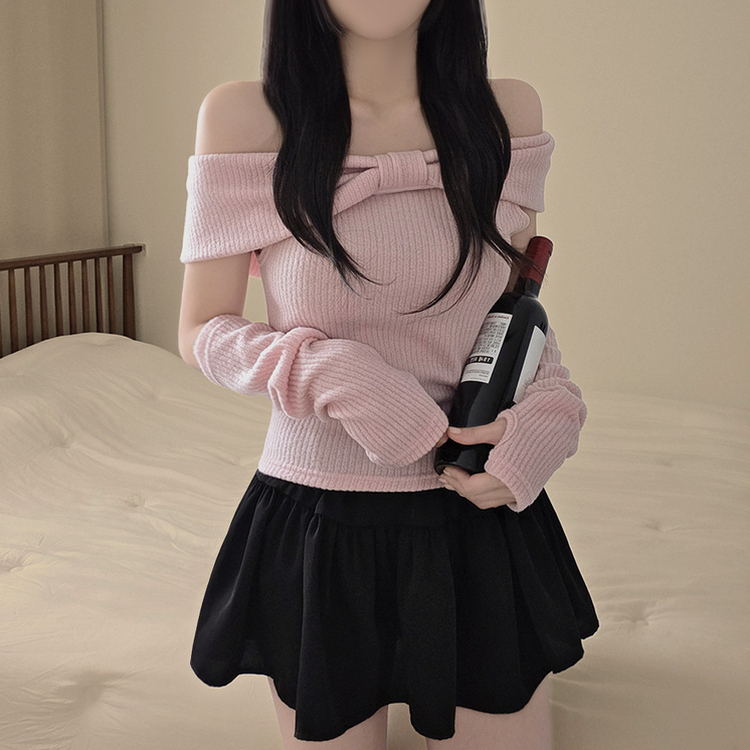 【ウォーマー付き】リボンオフショルダー半袖Tシャツ PINK