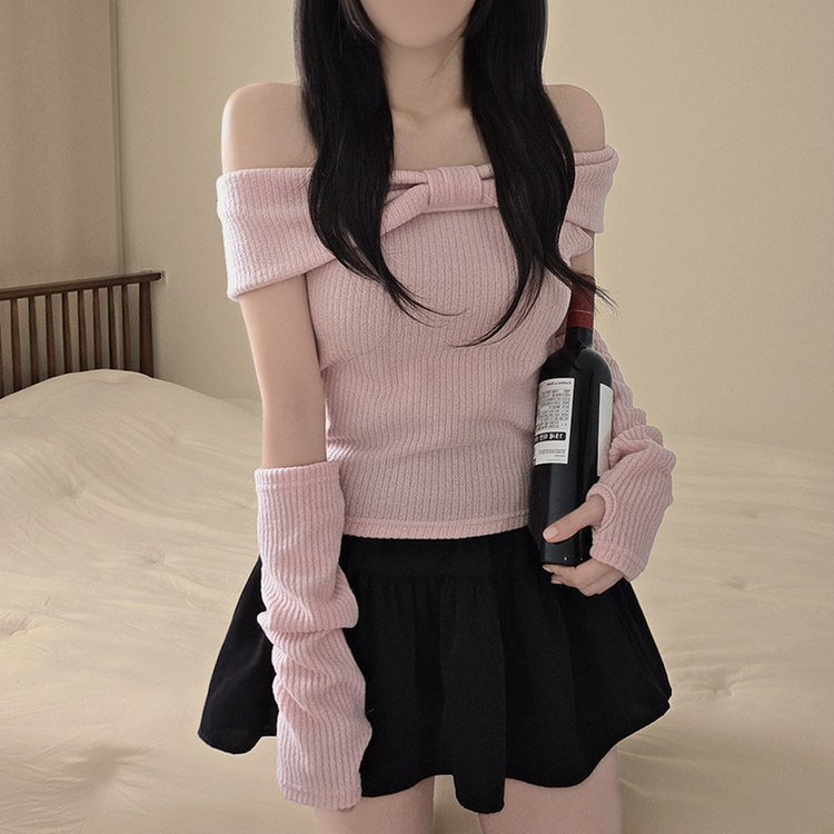 【ウォーマー付き】リボンオフショルダー半袖Tシャツ PINK