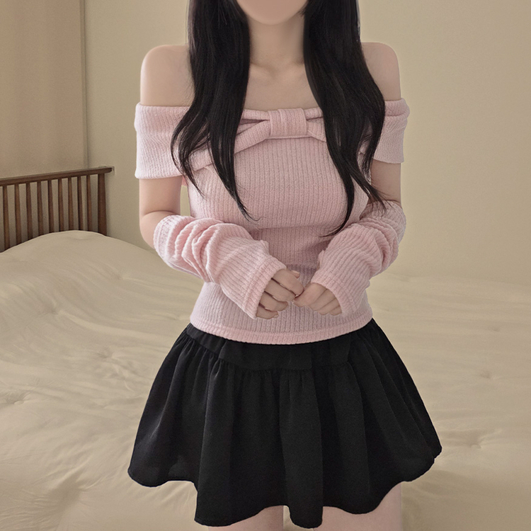 【ウォーマー付き】リボンオフショルダー半袖Tシャツ PINK